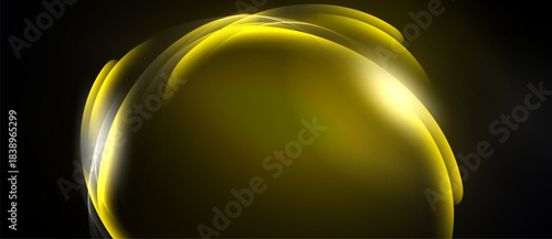 Golden abstract swirl. Smooth curves create luminous sphere against dark background. Bright highlight adds depth.