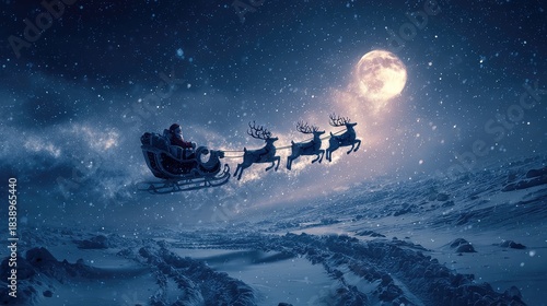 A Magical Night Scene Featuring Santa Claus Flying Over Snow-Covered Landscape with Reindeer Under a Bright Full Moon Amidst a Whimsical Winter Atmosphere