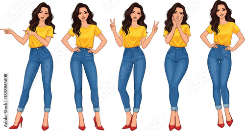 Set of 5 cartoon-style woman character poses in yellow top and jeans showing expressive gestures for design, animation, and storytelling themes.