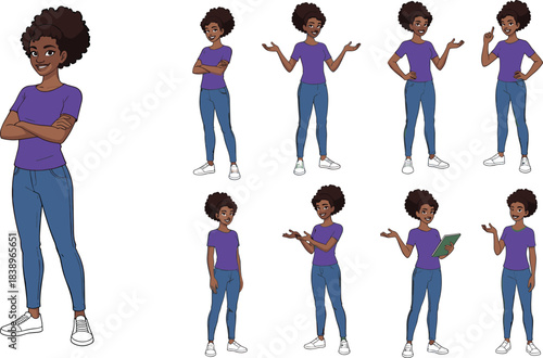 Set of 8 cartoon-style woman character poses in purple shirt showing expressive gestures for animation, design, communication, and illustration themes.