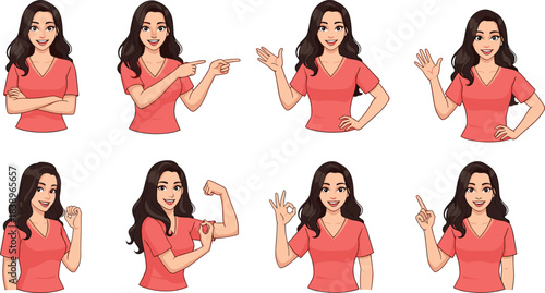 Set of 8 cartoon-style woman character poses in red shirt showing expressive gestures for communication, design, and illustration themes.