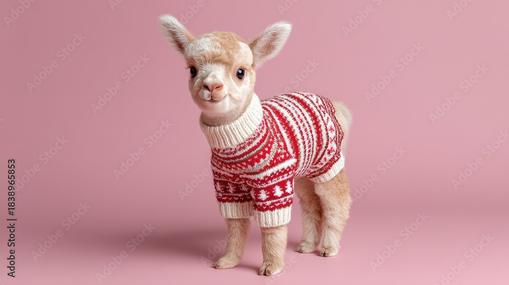 Naklejka premium Adorable young llama wearing a festive red sweater with white patterns against a soft pink background, perfect for holiday-themed and animal-related media projects.
