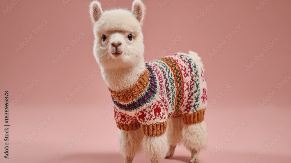 Fototapeta premium Cute Alpaca Wearing Colorful Sweater Stands Against Soft Pink Background Highlighting Adorable Features and Stylish Appeal of This Trendy Animal Fashion Statement