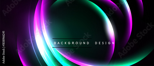 Abstract neon lights form flowing shapes over dark background. Vibrant colors create modern design element.