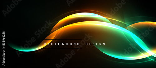 Abstract design features vibrant orange, green glows over black background. Smooth curves create dynamic visual effect. Modern, elegant.