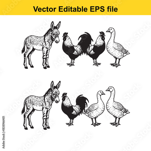  set of farm animals including donkeys and roosters, vintage illustration