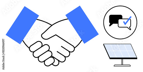 Handshake symbolizing partnership, communication bubble with checkmark, and solar panel. Ideal for collaboration, agreement, energy, sustainability, communication teamwork and progress. Simple flat