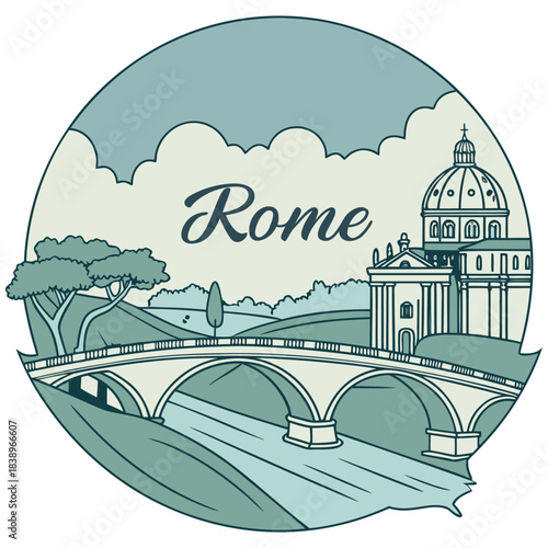 Rome Georgia Bridge View – Dome and River Vintage Illustration