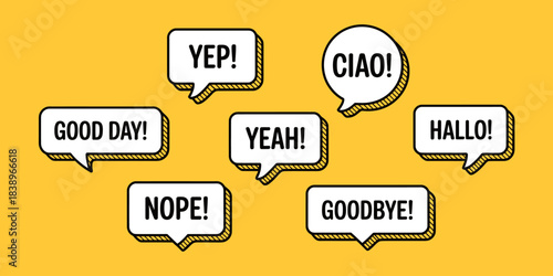 Colorful communication concept with speech bubbles saying greetings