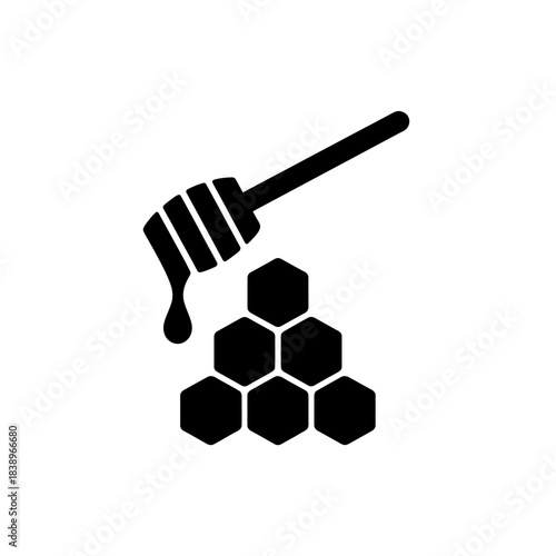Honey dipper icon with a drop of honey and honeycomb cells
