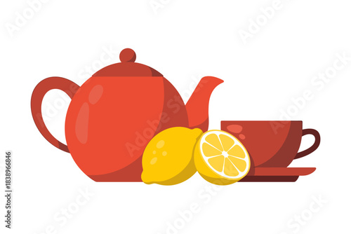 Refreshing lemon tea setup with a red teapot and teacup design