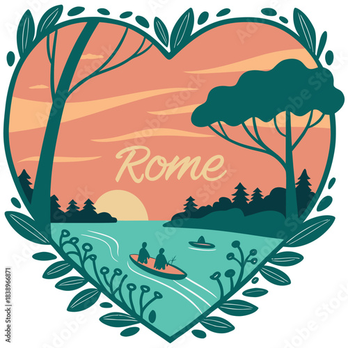 Rome Georgia Sunset Canoe – Heart Shape River Scene Illustration