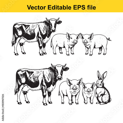  farm animals set cow, pigs, and rabbit vector editable eps file
