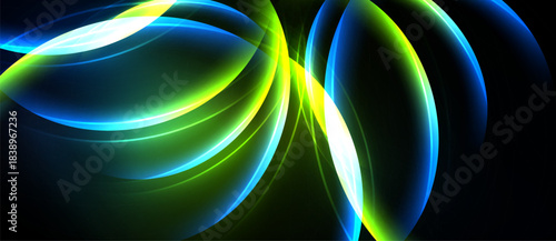Abstract luminous curves, vibrant blues, greens, yellows. Dynamic composition, dark background creates striking visual impact. Smooth gradients, flowing shapes.