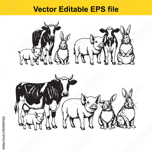  farm animals illustration cows, pigs, and rabbits in black and white vector style