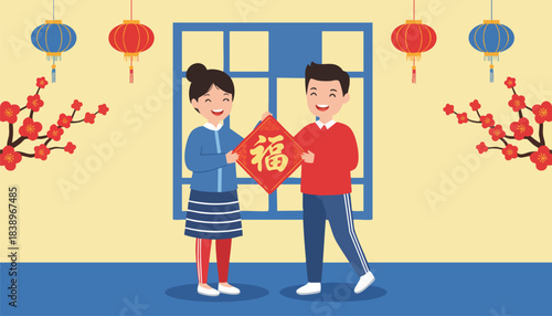 Happy Couple Exchanging Good Fortune Character Decoration for Festive Celebration
