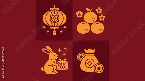 Festive Asian Celebration Icons Set with Rabbit Lantern Fruit and Money Bag
