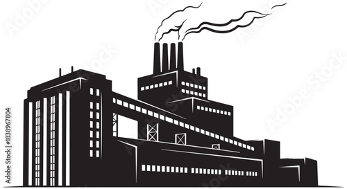 Silhouette of a large industrial factory with smoke billowing from its chimneys, isolated on transparent background