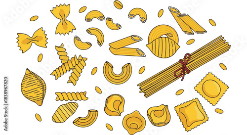 Assortment of various uncooked pasta shapes isolated on transparent background