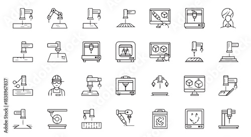 Collection of line art icons representing manufacturing, robotics, and technology, isolated on transparent background