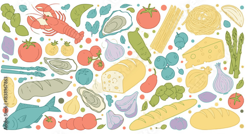 A vibrant collection of fresh food items including seafood, vegetables, bread, and cheese, isolated on a transparent background