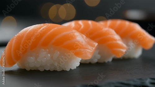 Delicious Salmon Nigiri Sushi Platter on a Dark Stone Surface.