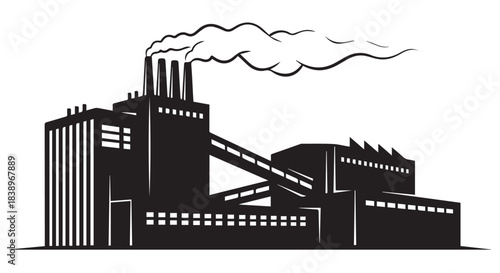 Silhouette of a factory with smoke billowing from its chimneys, isolated on transparent background