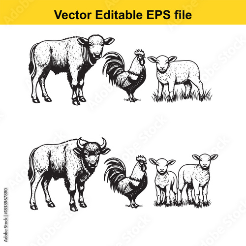  farm animals set bull, rooster, and lambs vector editable eps file