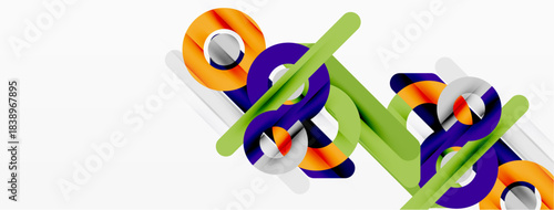 Abstract design features colorful ribbons, curves, shapes. Modern composition utilizes gradients, shadows, white background.