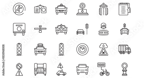 Collection of transportation and traffic icons, isolated on transparent background