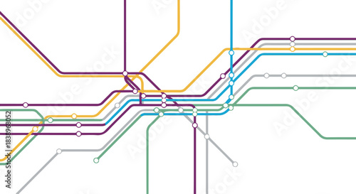 Abstract subway map with colorful lines and stations, isolated on transparent background