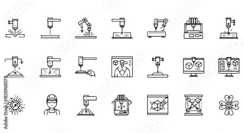 Collection of industrial automation icons representing manufacturing, robotics, and engineering processes isolated on transparent background