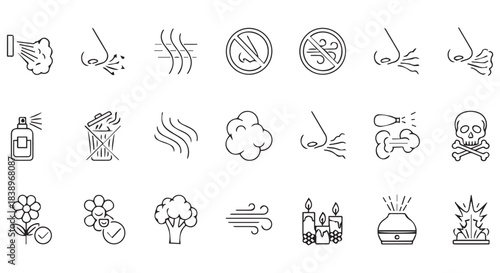Collection of line art icons representing smells, scents, and air quality, isolated on transparent background