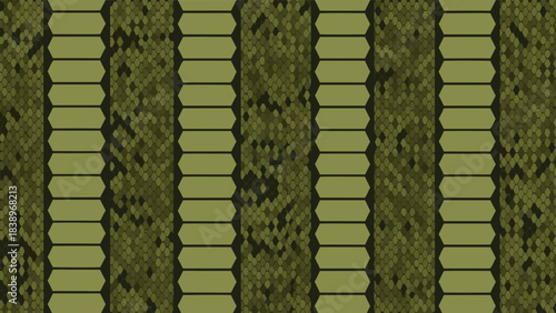 A close-up view of a green and olive snake skin pattern with alternating textured and smooth vertical stripes, showcasing reptilian scales.