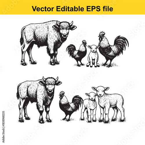  farm animals vector illustration set bull, rooster, and lambs in black and white sketch style