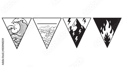 Four elemental symbols within triangles water, air, lightning, and fire, isolated on transparent background