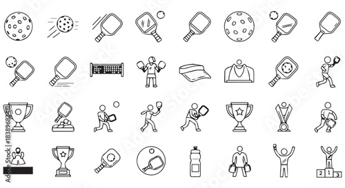 Collection of pickleball icons and graphics, isolated on transparent background