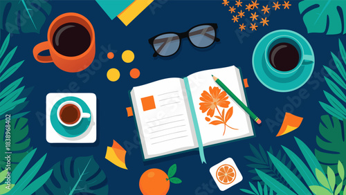 Overhead view of a creative workspace with an open notebook, flower drawing, coffee cups, sunglasses, and tropical leaves on a blue background.