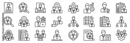 Human resources icon collection set. Containing hiring, recruitment, payroll, evaluation, job promotion , performance icon. line style vector illustration.