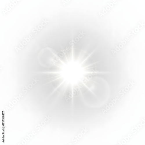 Bright white starburst with lens flare effect on clean background