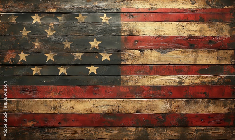 Naklejka premium American flag displayed on a wooden table, symbolizing patriotism and Memorial Day. This image highlights national pride and remembrance, perfect for patriotic events, national, Generative AI