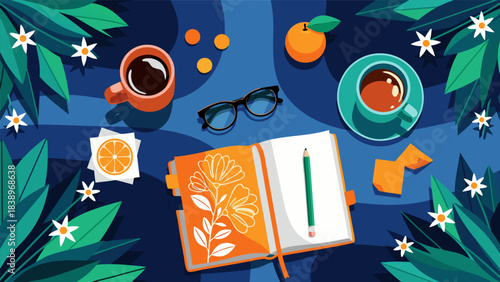 A vibrant overhead view of a creative workspace with an open notebook, pencil, two coffee cups, glasses, oranges, and lush green foliage with white flowers.