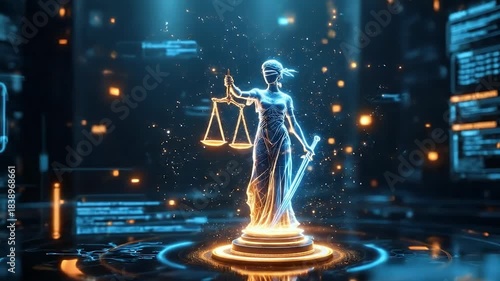 A futuristic, glowing blue digital representation of Lady Justice holding scales and a sword, set against a dark, abstract technological background with light particles.