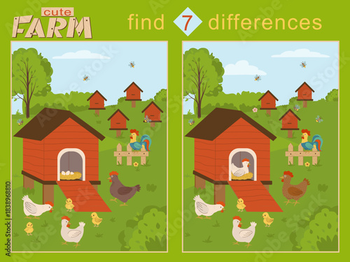 Engaging farm scene with animals challenges viewers to find 7 differences in a vibrant vector illustration. Perfect for children s activities, promoting observation and fun learning.