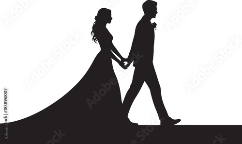 Black silhouette of bride and groom holding hands walking