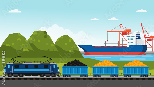 A blue train carrying coal and grain on tracks with a cargo ship and cranes at a port in the background.