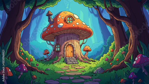 A charming pixel art illustration of a whimsical mushroom house nestled deep within a magical, vibrant forest with a winding stone path.