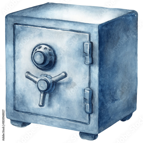 Secure Steel: A meticulously detailed watercolor illustration showcases a robust and secure steel safe, symbolising protection and the safeguarding of valuables.