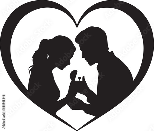 Black silhouette of couple proposing inside heart shape