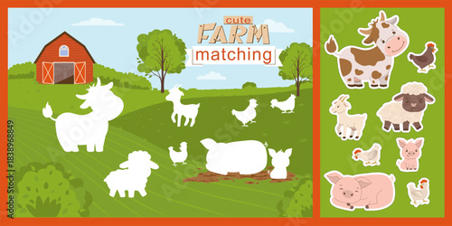 Cute farm animal matching game illustration featuring a barn and various animals like cows, chickens, and pigs. Kids engage in a fun educational activity by matching animals to their silhouettes.